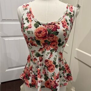 Say Anything Women’s Sz Large Sleeveless Fit and Flare Top - White w/Pink Roses